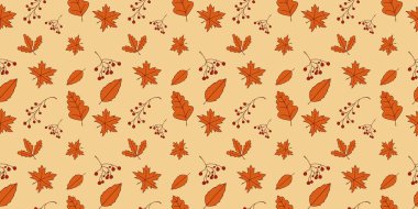 Orange, Beige, Brown ve Yellow 'da kusursuz sonbahar yaprakları. Sonbahar tebrik kartları. Sonbahar, tekstil, duvar kağıtları, hediye paketi ve albüm için kusursuz desen bırakır