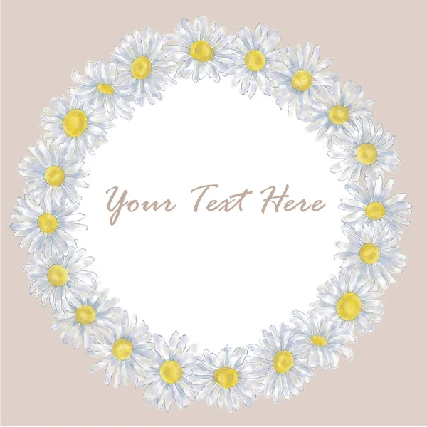 Daisy Round Wreath on Peach Background and with Text Copy Space on White. Watercolor Floral Frame for Prints, Announcements, Advertising, Invitations, Greeting Cards, Posters, Flyers etc.