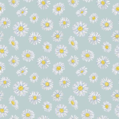 Daisy Seamless modeli mavi zemin üzerine. Papatya arka plan, baskı ve Tekstil için Seamless modeli. Duvar kağıdı, hediye paketi ve moda için güzel çiçek tasarım.