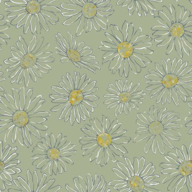 Daisy çizim için Seamless modeli yeşil zemin üzerine. Papatya sorunsuz uyum Tan arka planda yazdırma, arka plan ve Tekstil için. Düğün, parti, olay ve rahat dekorasyon için sanatsal çiçek Seamless modeli.