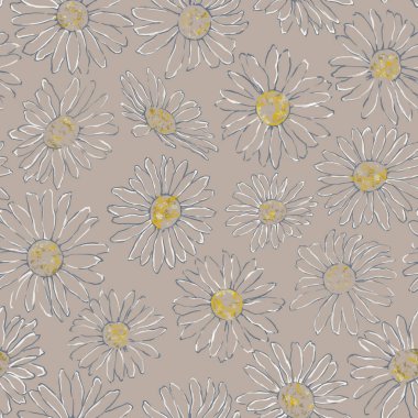 Daisy çizim için Seamless modeli Tan arka plan üzerinde. Papatya sorunsuz uyum Tan arka planda yazdırma, arka plan ve Tekstil için. Düğün, parti, olay ve rahat dekorasyon için sanatsal çiçek Seamless modeli.