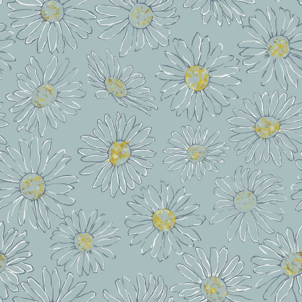 Linha Daisy Desenho Padrão Sem Costura Fundo Azul Camomila Seamless — Fotografia de Stock