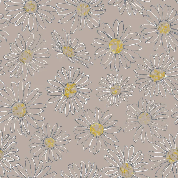 Daisy Line Drawing Seamless Pattern on Tan Background. Chamomile Seamless Rapport on Tan Background for Print, Background, and Textile. Artistic Floral Seamless Pattern for Wedding, Party, Event, and Casual Decorating.