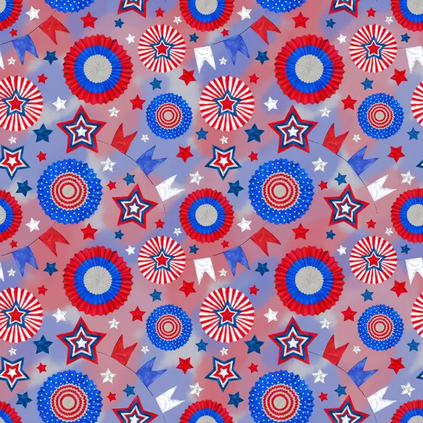 4Th Ból Július Seamless Pattern Jelvények Kokárdok Csillag Világoskék Hazafias — Stock Fotó