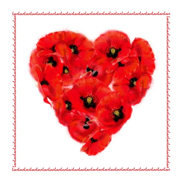 Παπαρούνας Καρδιά Λευκό Τετράγωνο Κάρτα Πλαίσιο Μήνυμα Αγάπης Floral Καρδιά — Φωτογραφία Αρχείου