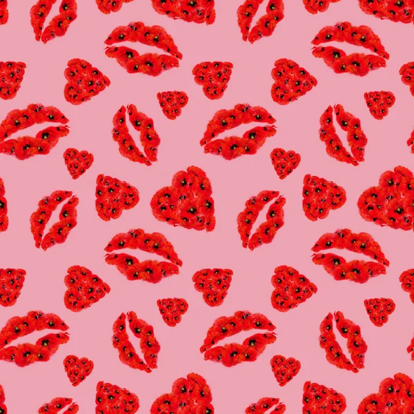 Poppy Lips and Hearts Seamless Pattern on Pink Background. Passion Pattern in Flaming Red on Pink Floral Hearts and Lips Seamless Rapport for Print, Background, and Textile. Perfect for Valentine Day, Wedding, Honeymoon, and Romantic Event.