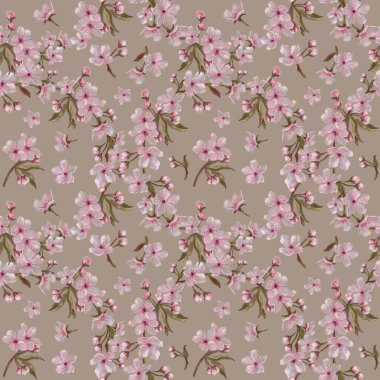 Sakura Pink Flower Wreath Pattern on Sophisticated Grey Background. Spring Blooms Seamless Pattern for Background, Print, Gift Wrap, and Textile. Watercolor Floral Wreath Rapport for Wedding and Romantic Event Decor. clipart