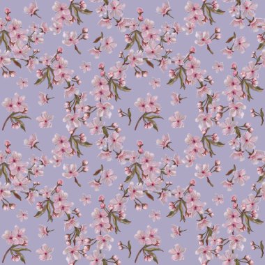 Sakura Pink Flower Wreath Pattern on Sophisticated Grey Background. Spring Blooms Seamless Pattern for Background, Print, Gift Wrap, and Textile. Watercolor Floral Wreath Rapport for Wedding and Romantic Event Decor. clipart