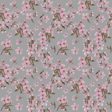 Sakura Pink Flower Wreath Pattern on Sophisticated Grey Background. Spring Blooms Seamless Pattern for Background, Print, Gift Wrap, and Textile. Watercolor Floral Wreath Rapport for Wedding and Romantic Event Decor. clipart