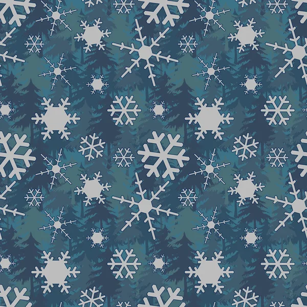 Kiefernwald Nahtloses Muster Mit Weißen Schneeflocken Auf Blauem Hintergrund Winterurlaub — Stockfoto