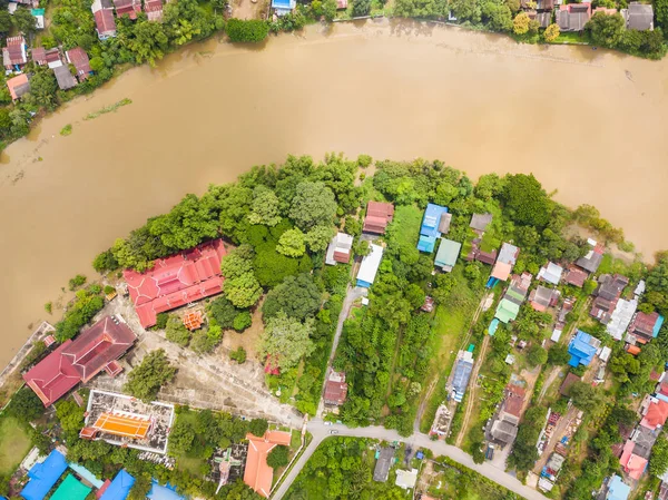 Aerial View Buddhist Temple Sak River Surrounding Resident Area Ayutthaya — Stock Photo, Image
