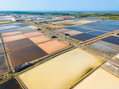 Deniz tuz çiftlikleri, deniz üreten sığ tavada salamura doldurarak tuz ve izin kamera drone havadan görünümden buharlaşır güneş ve rüzgar altında