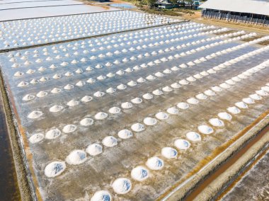 Deniz tuz çiftlikleri, deniz üreten sığ tavada salamura doldurarak tuz ve izin kamera drone havadan görünümden buharlaşır güneş ve rüzgar altında