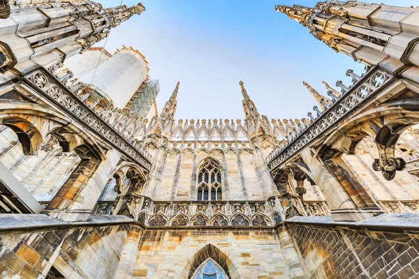 Wide angle worm\'s eye view of Gothic architecture and art on the roof of Milan Cathedral (Duomo di Milano), Italy