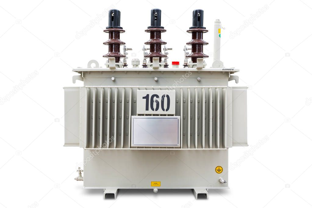 Three phase (160 kVA) corrugated fin hermetically sealed type oil immersed transformer, isolated on white background with clipping path