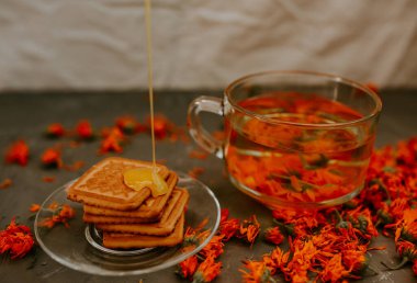 Bal ince bir derede fırınlanmış gıdaların üzerine akar. Şeffaf fincanda portakal çiçeği çayı ve çay tabağında bal kaplı kurabiyeler. Şifalı bitkisel kurutulmuş bitkiler kadife çiçeği, gri arka plan..