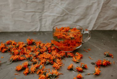 Şeffaf büyük bardakta, portakal renkli çay..