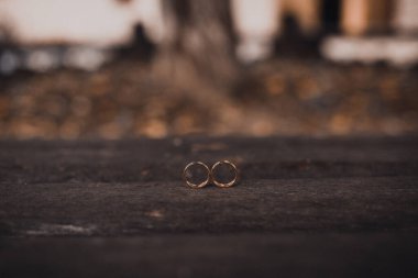 Gelin ve damadın alyansları tahta arka planda.