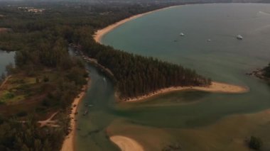 İnsansız hava aracı gün batımından sonra orman ve deniz üzerinde uçuyor.