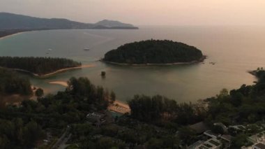  Hava aracı gün batımından sonra orman ve denizin üzerinde uçuyor.