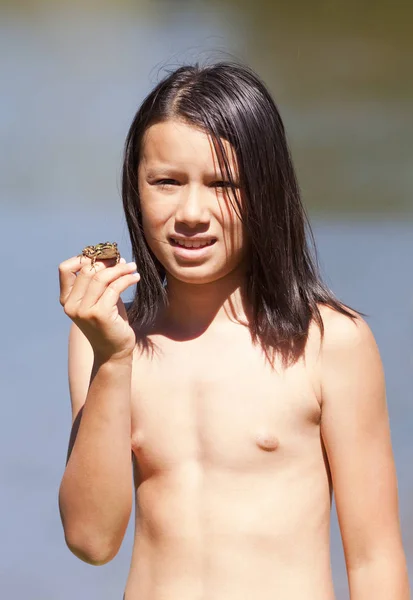 Boy Long Dark Hair Holding Frog — Stok Foto