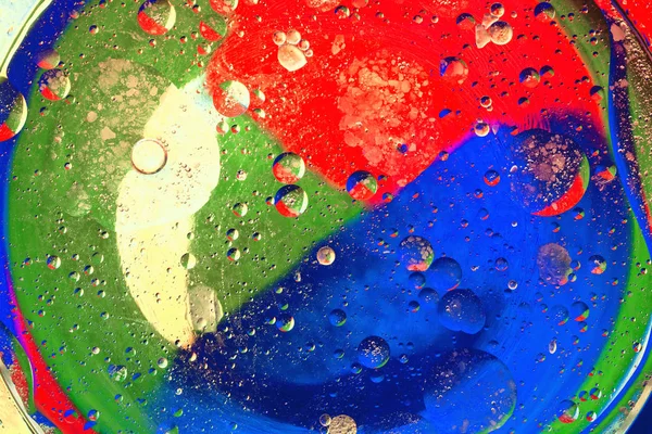 Primo Piano Bolle Goccioline Colorate Olio Acqua — Foto Stock