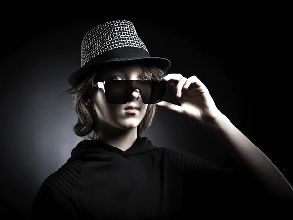 Portrait of a Boy with Blond Hair in Hat and Black Top. — Stock Photo, Image