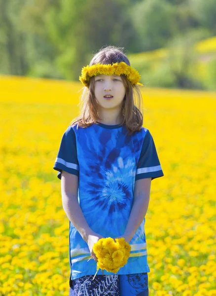 Junge mit blonden Haaren pflückt Löwenzahn auf einer Wiese — Stockfoto