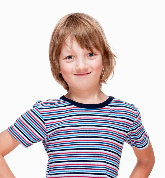 Πορτρέτο Ενός Αγοριού Ξανθά Μαλλιά Που Αναζητούν Χαμογελώντας Απομονωμένα Λευκό — Φωτογραφία Αρχείου