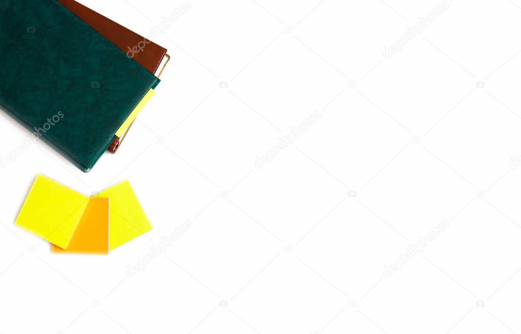 Two notebooks and sticky notes isolated on white background. Flat lay, copy space