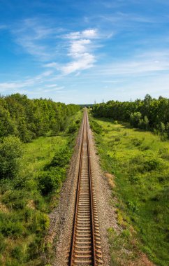 Yeşil bitki örtüsü ile gidiş dar hat demiryolu havadan görünümü