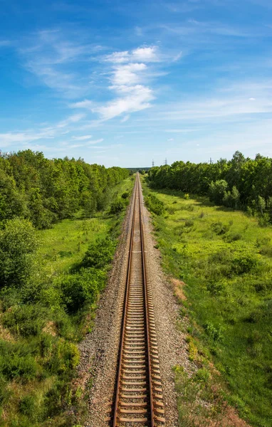 Yeşil Bitki Örtüsü Ile Gidiş Dar Hat Demiryolu Havadan Görünümü — Stok fotoğraf