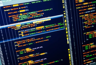 Php kod üzerinde mavi arka plan, ekranda renkli çizgiler yakın çekim
