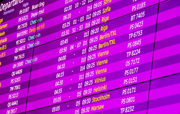 Check Airport Departure Arrival Information Board Violet Pink Color Closeup — Stock Photo, Image