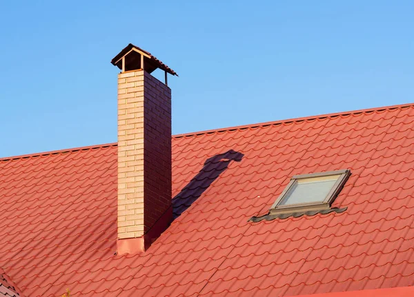 Brick Chimney Skylight Terracotta Metal Tile Rooftop Close — Stock Photo, Image