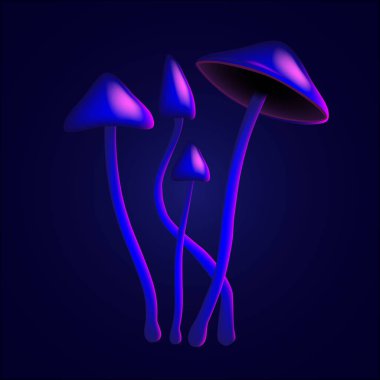 Koyu mavi zemin üzerine ince bir bacak üzerinde mor halüsinojenik mantar psilocybe