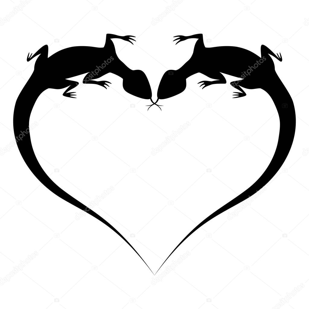 Two lizard's silhouette on Valentine shape isolated on white