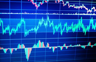 Borsa ve diğer finans Temalar. Finansal veriler bir monitörde. Hisse senedi ve veri için teknik analiz ticaret