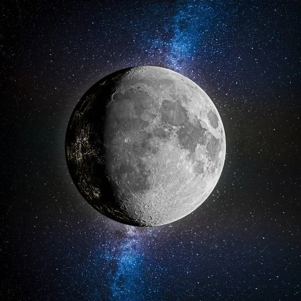 Ficción Luna Habitada Sobre Fondo Espacial Luces Sobre Luna — Foto de Stock
