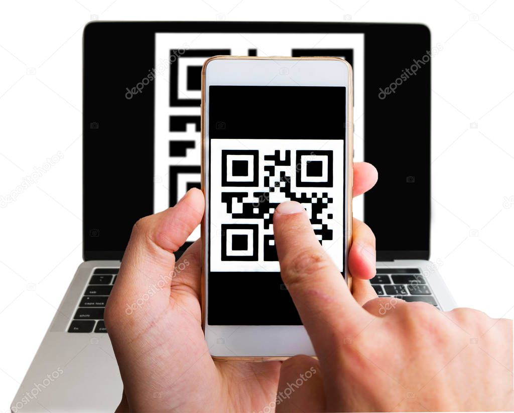 Scanning barcode from laptop using smartphone, close up. Two man hands holding phone and pointing on the qr code on the screen. Isolated on white. Internet cashless purchase