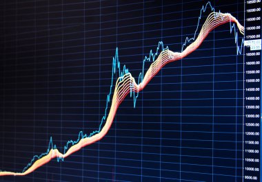 Hisse senedi grafiği, grafik üzerinde mavi arka plan. Temel ve teknik analiz kavramı