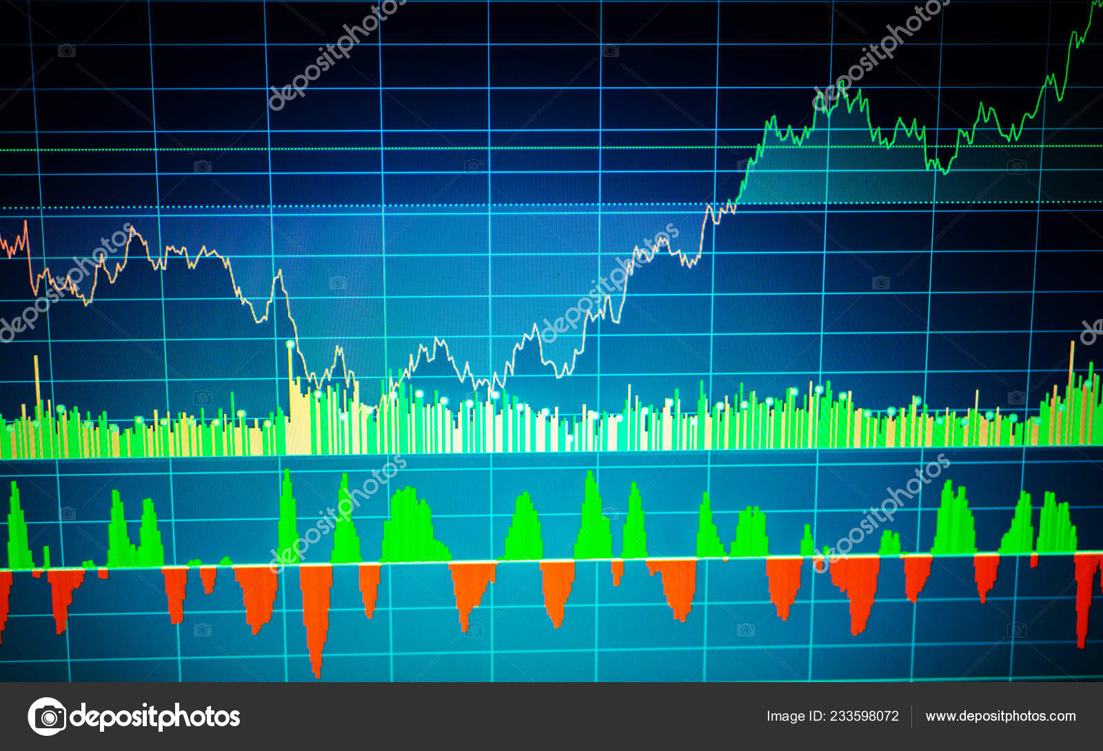 근본적인 기술적 개념입니다 화면입니다 파란색 배경에 그래프입니다 바입니다 차트입니다 따옴표를 — 스톡 사진 © Yurich84  #233598072