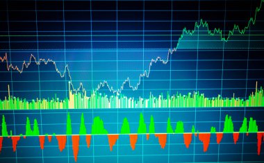 Temel ve teknik analiz kavramı. Pazar ticaret ekran. Hisse senedi grafiği, grafik üzerinde mavi arka plan. Fiyat grafiği barlar. Arka plan hisse senedi grafiği. Fiyat teklifi paylaşmak
