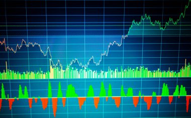 Fundamental and technical analysis concept. Market trading screen. Stock market chart, graph on blue background. Price chart bars. Background stock chart. Share price quotes clipart