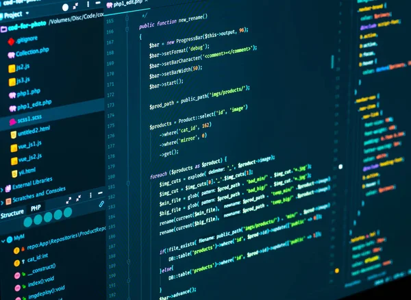 Yazılım geliştirme. Yazılım kaynak kodu. Programlama php kodu kod Düzenleyicisi'nde, yakın çekim