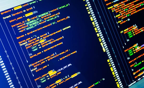 Líneas Php Reales Detalladas Fondo Azul Monitor Primer Plano Desarrollo — Foto de Stock