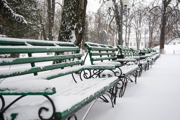 Row of benches covered with snow in the park