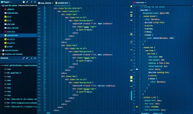 HTML ve css Kodlama, önden görünüm yakın çekim. Web geliştirme kodu. Html ve css Monitör bölme