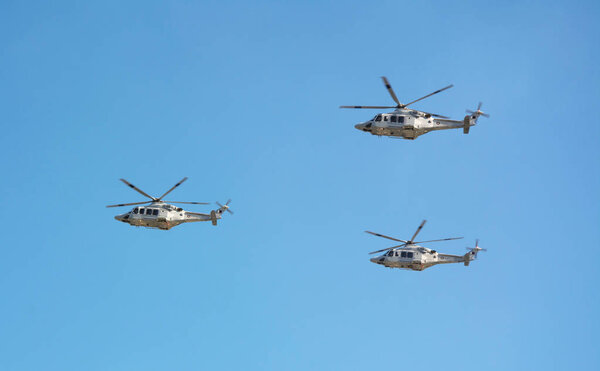 Medium-lift helicopters AW139 at the parade of the air force in Doha
