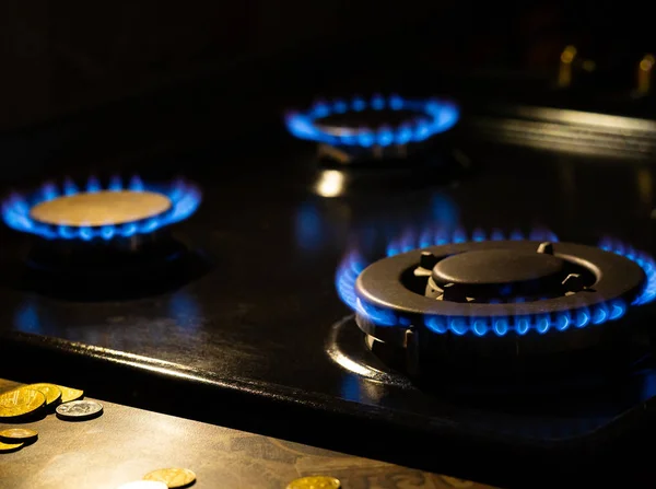 Natural Gas Burning Blue Flames Black Background — Stock Photo, Image